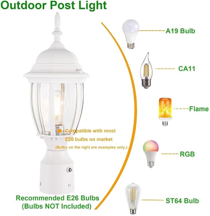 Outdoor Post Light Dusk to Dawn, Rustproof Aluminum, White | Exterior Lamp Post Light Fixture for Garden, Yard, Pathway, Waterproof, Glass, E26 Base, Max 60W