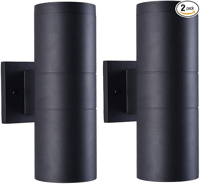 mirrea 12" Modern Outdoor Porch Light in 2 Lights, Matte Black, 2 Pack | Aluminum cylinder exterior fixtures, tempered glass cover, waterproof wall sconce for long-lasting outdoor performance