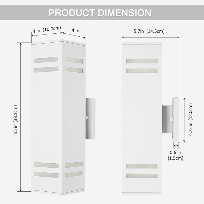 Aluminum Modern Outdoor Wall Light,15" Exterior Up Down Wall Sconce Light Fixture Sand Textured White with 3-Sided Frosted Glasses [ETL Listed] | E26 Base,UL listed,Aluminum Up and Down Lights Outdoor Exterior Wall Light Fixture Porch Light for House G...