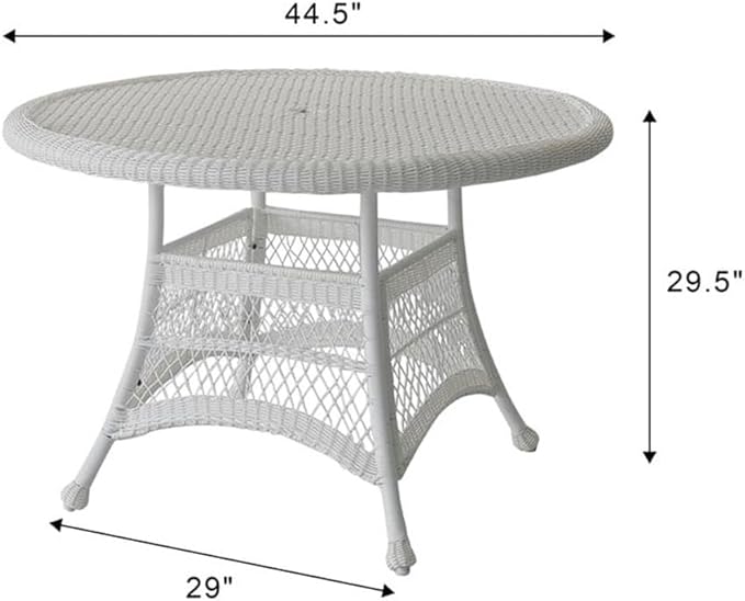 Pemberly Row Traditional Wicker/Rattan Round Patio Dining Table, 44.5 Inch, All-Weather Resin Wicker and Steel Frame, White Finish, Durable Outdoor Deck or Poolside Table, Light Assembly Required