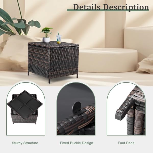 Outdoor PE Wicker Side Table with Storage, Patio Rattan End Table Square Container for Furniture Covers (Brown)
