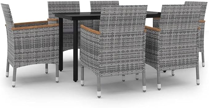 Afuera Living 7-Piece Patio Dining Set, Rectangular Glass Table, Powder-Coated Steel Frame, Weatherproof PE Rattan Chairs, Gray Cushions, Black/Gray Finish, Outdoor Garden, Terrace, or Patio Furniture