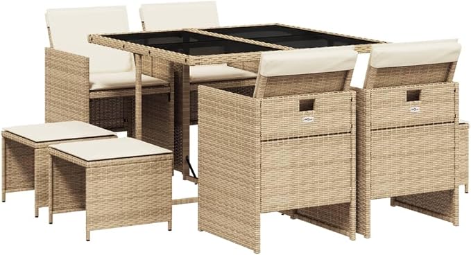 9 Piece Patio Dining Set with Cushions Beige Poly Rattan Outdoor Table and Chairs for Garden Backyard Deck, Folding Space-Saving Seats with Tempered Glass Top, Removable Washable Cushion Covers