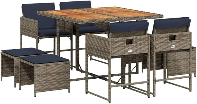 9 Piece Garden Dining Set with Cushions Grey Poly Rattan Outdoor Patio Furniture Table and Foldable Chairs with Navy Blue Seat Cushions and Stools for Backyard Deck Lawn Relaxation