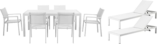 Benjara Kris 9 PC Patio Dining & Lounge Set- White Textilene Seating- Aluminum
