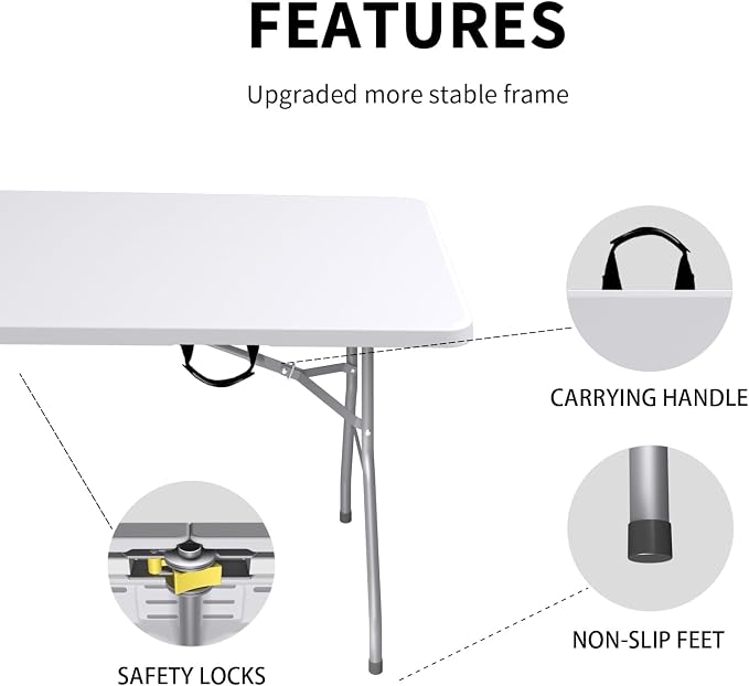 6FT Folding Tables – Heavy Duty Portable Foldable Picnic Table with Built-in Handle, 450 lb Capacity – Ideal for Events, Parties, Crafts, Camping & Dining (6-Pack, White)