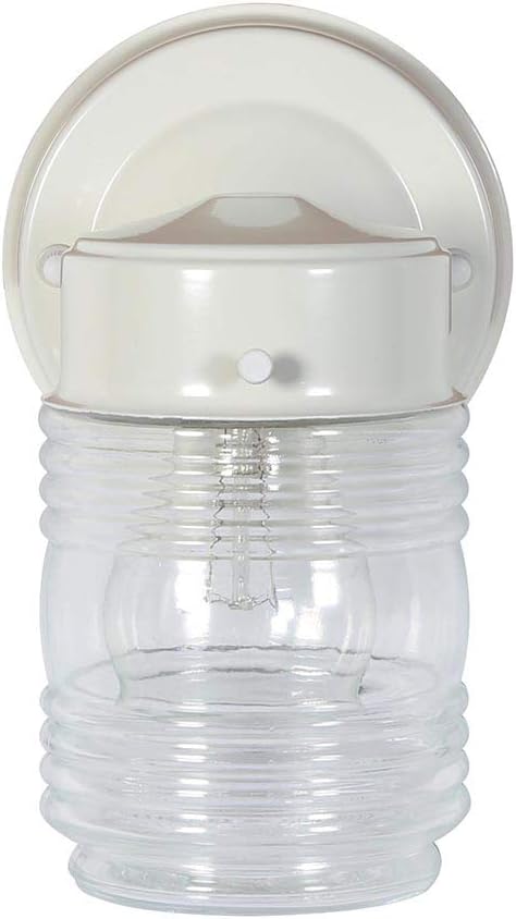 Design House Jelly Jar 1-Light Outdoor Wall Lantern, White Finish, Clear Ribbed Glass, Wet Rated Exterior Porch Light for Patio, Garage, Entryway, Front Door, and Deck, 500181 | Wall Mount, Traditional, Steel, Lighting, 500181