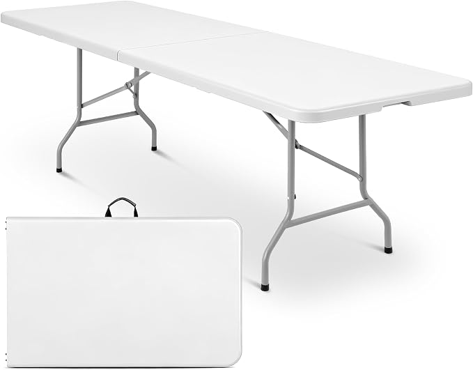 Magshion 8ft Plastic Folding Table with Handle for Indoor Outdoor, 8 Foot Utility Commercial Craft Foldable Table for Party Events, White