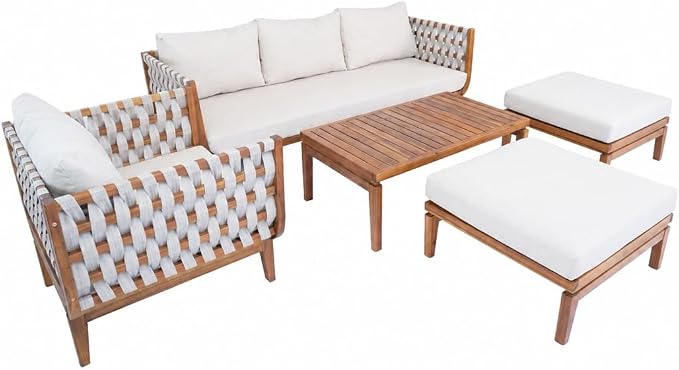 Merax 5 Piece Rope Woven Paito Conversation Set, Outdoor All-Weather Acacia Wood 3-Seater Sofa, 2 Armchairs with Cushions,1 Ottoman, 1 Coffee Table for Porch, Lawn, Backyard, Balcon, Teak+ Beige