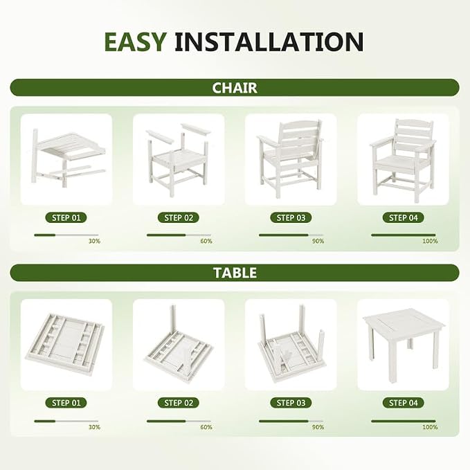 KINGYES 5-Piece HDPE Outdoor Dining Set for 4, Square Patio Table & Armchairs with Umbrella Hole, All-Weather Patio Dining Set for Backyard, Garden, Lawn & Poolside, White