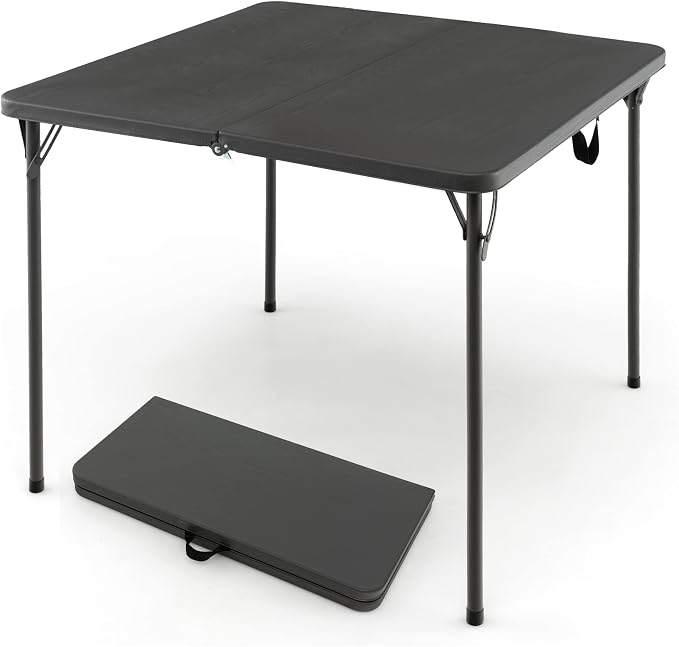 MEDIMALL Outdoor Folding Table, Fold-in-Half Utility HDPE Foldable Table with Metal Legs, Handle, Square Indoor Outdoor Collapsible Dining Table for Camping, Picnic, Party (Grey)