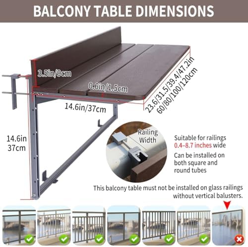 Adjustable Brown Balcony Bar Table for Railings, Folding Hanging Patio Table, Weather-Resistant Aluminum Side Table for Indoor/Outdoor Use (31.5x14.6in)