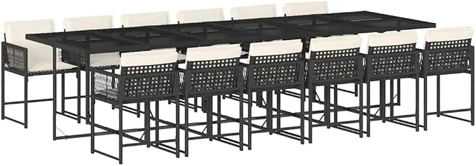 12-Seater PE Rattan Outdoor Dining Set with Cushions, Black/Cream | Includes a tempered glass tabletop and steel frame, ideal for large family gatherings in the patio or backyard.