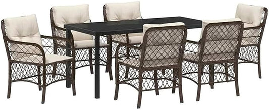 Afuera Living 7-Piece Poly Rattan Patio Dining Set, Black Finish with Cushions, Powder-Coated Steel Frame, Tempered Glass Tabletop, Weather-Resistant Outdoor Fabric, Seating for 6, Ideal for Garden