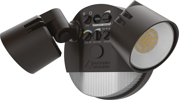 Lithonia Lighting HomeGuard 2-Light LED Outdoor Flood Lights, PIR Sensor | Dark Bronze Motion Sensor LED Lights, Dusk to Dawn, Adjustable Lumens & CCT, Round Heads HGX LED 2RH ALO SWW2 120 PIR DDB