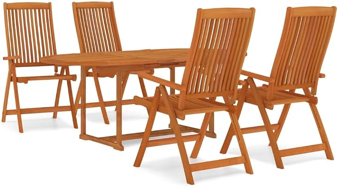 5-Piece Eucalyptus Wood Outdoor Dining Set with Extendable Table | Features 4 reclinable folding chairs and a space-saving rectangular table, ideal for backyard and patio family meals.