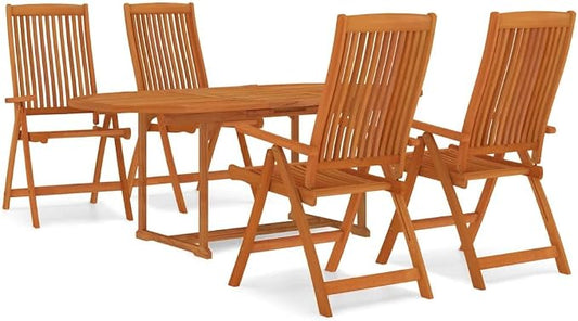 5-Piece Eucalyptus Wood Outdoor Dining Set with Extendable Table | Features 4 reclinable folding chairs and a space-saving rectangular table, ideal for backyard and patio family meals.