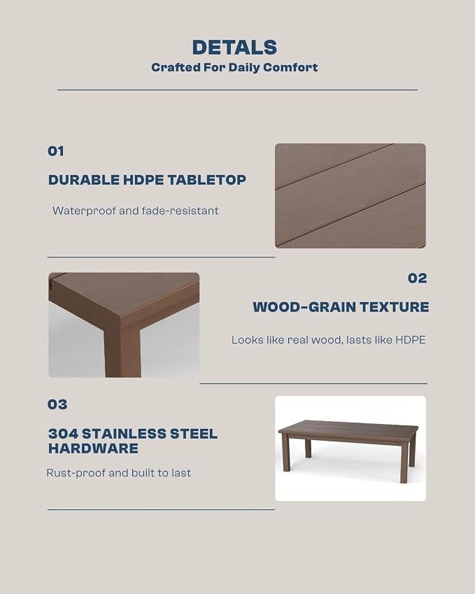 43.9" HDPE Outdoor Coffee Table (Brown) | All-Weather HDPE, Easy Assembly, Low-Maintenance, Large Tabletop, For Patio Deck Poolside Backyard Use