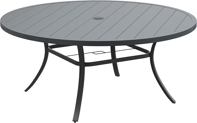 DIFY 63" Round Outdoor Patio Dining Table for 8-10, Metal Patio Table with 1.57" Adjustable Umbrella Hole, All-Weather Outdoor Furniture Table for Garden Backyard Deck, Grey
