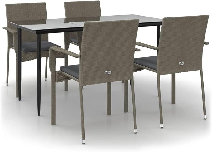 5 Piece Patio Dining Set with Cushions Black and Gray Poly Rattan Outdoor Garden Table and Chairs Weather Resistant Tempered Glass Top Comfortable Seating for Backyard Deck Porch