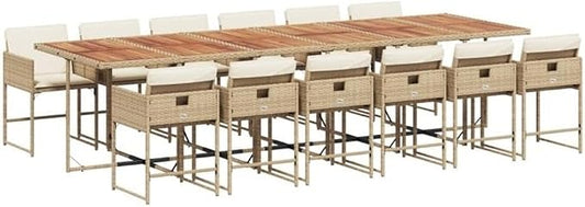 Afuera Living 13 Piece Patio Dining Set, PE Rattan, Brown/Cream White Finish, UV-Resistant, Foldable Design, Powder-Coated Steel Frame, Removable Cushion Covers, Outdoor Garden Furniture for 12 People