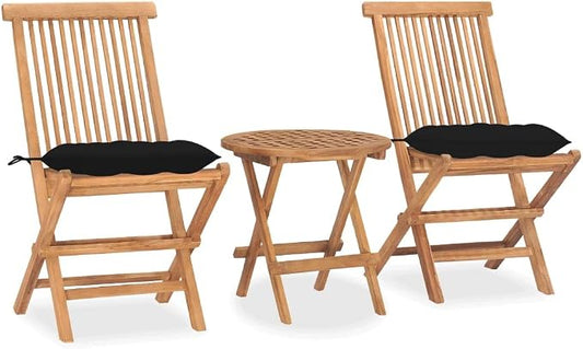 3 Piece Folding Patio Dining Set with Cushion Solid Teak Wood Outdoor Table and Chairs for Garden Deck Space Saving Black