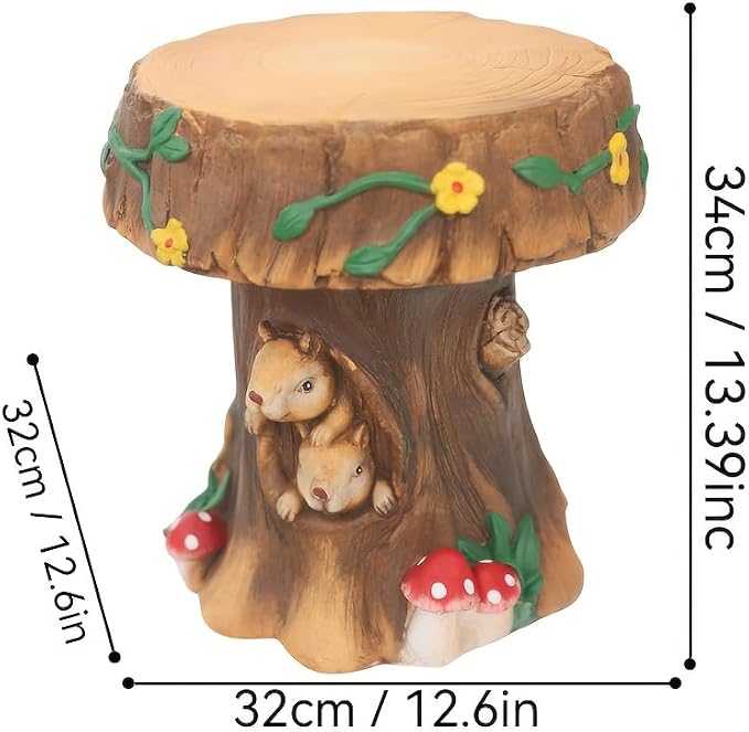 Resin Squirrel Tree Stump Stool – 12.6" Whimsical Garden Seat & Side Table | Outdoor & Indoor Decorative Chair for Patio, Backyard, Fairy Garden, Kids Room | Weather-Resistant Forest Figurine Decor
