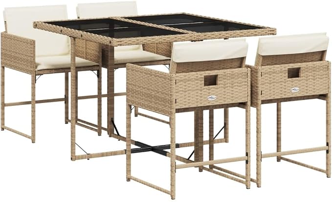 5 Piece Patio Dining Set with Cushions Beige Poly Rattan Outdoor Table and Chairs for Garden Backyard Relaxing, UV-Proof Foldable Space-Saving Tempered Glass Top, 242.5 lb Load Capacity Per Seat