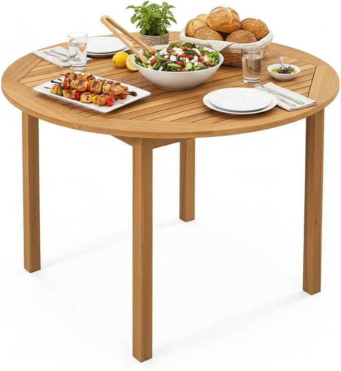Tangkula 39.5" Round Outdoor Dining Table for 4, Acacia Wood 4-Person Large Patio Dining Table, Farmhouse Indoor Outdoor Dining Furniture for Deck, Garden, Poolside & Backyard