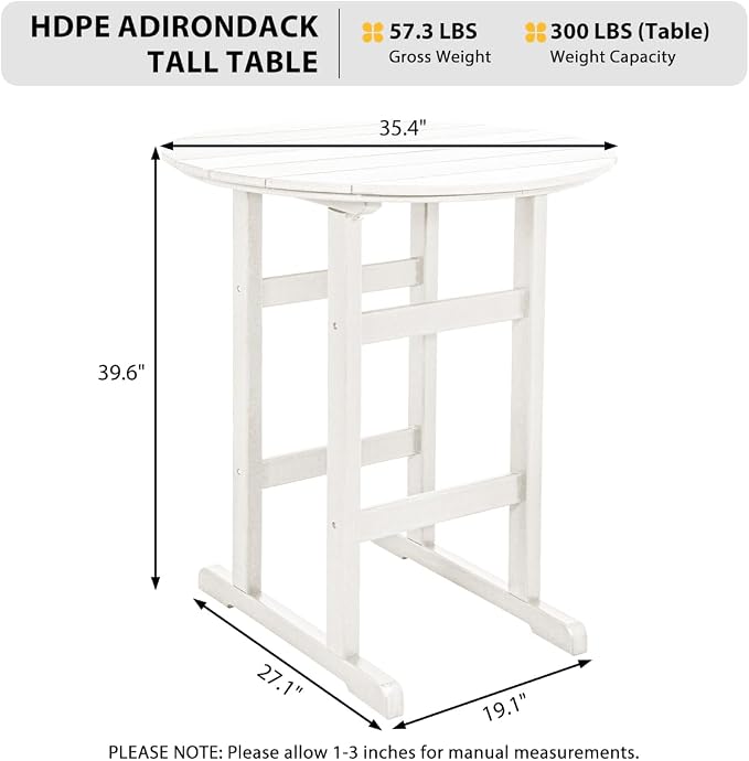 Sundale Outdoor Adirondack Round Bar Table, 39 Inch Height Patio Large Pub Table for 4, All Weather HDPE High Top Bistro Counter Tabl for Outside Deck Porch Balcony Poolside (White)