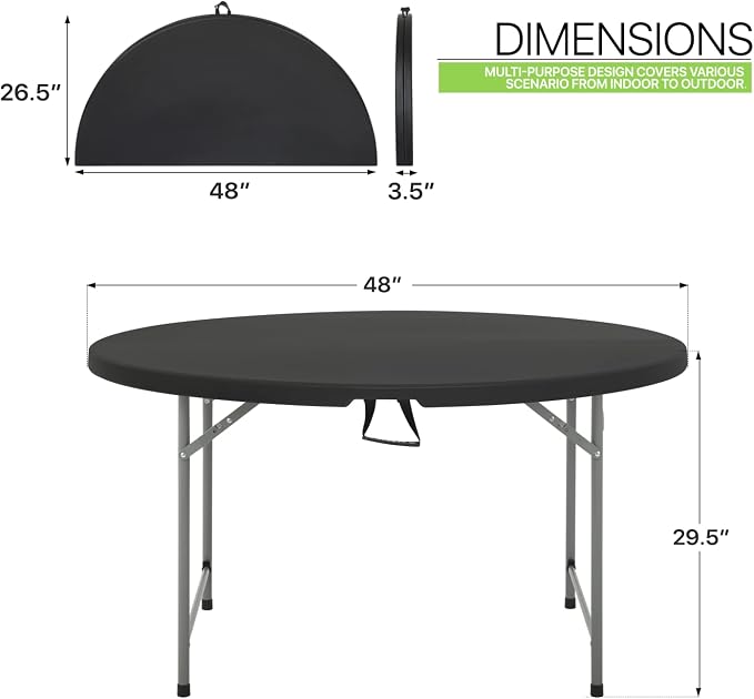 Magshion 48" Round Folding Table, 4 Feet Foldable Round Plastic Table Dining Card Table for Indoor Outdoor Wedding Party, Black, 10 Pack