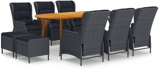 9pc Dark Gray Acacia 71 Patio Dining Set, Curved-Leg Table, PE Rattan Chairs with Cushions, Outdoor Furniture