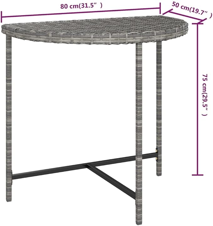 Wicker Half-Moon Patio Table, Half-Round Rattan Bistro Table, Gray 31.5"x19.7"x29.5" Poly Rattan, -285