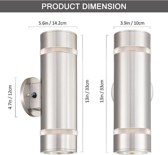 13" Stainless Steel Cylinder Dusk to Dawn Outdoor Wall Sconce | E26 Base,UL listed,Brushed Nickel Up and Down Lights Outdoor Exterior Lighting Fixture for House Garage Patio Porch Garden