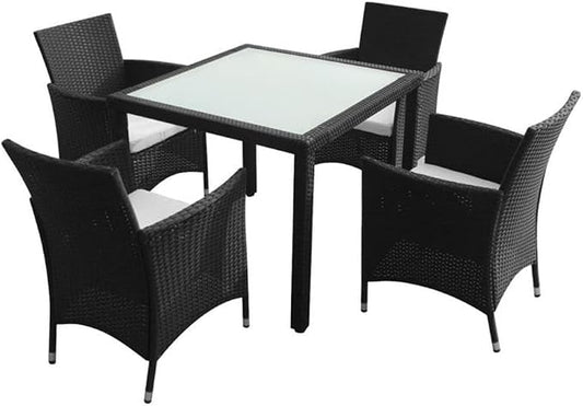Afuera Living Contemporary 5-Piece Steel Patio Dining Set, Black PE Rattan and Glass Finish, Includes 1 Square Table and 4 Chairs with Cushions, Weather-Resistant Outdoor Garden or Balcony Furniture