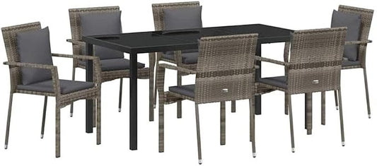 Afuera Living 7 Piece Poly Rattan Patio Dining Set, Gray Finish, Includes Cushions, Tempered Glass Tabletop, Seating for 6, Durable Lightweight Design, Modern Style Outdoor Garden or Patio Furniture