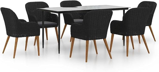 7 Piece Patio Dining Set, Outdoor Dining Table and Chairs with Cushions, Tempered Glass Table and 6 Rattan Chairs with Acacia Wood Armrests for Backyard Patio