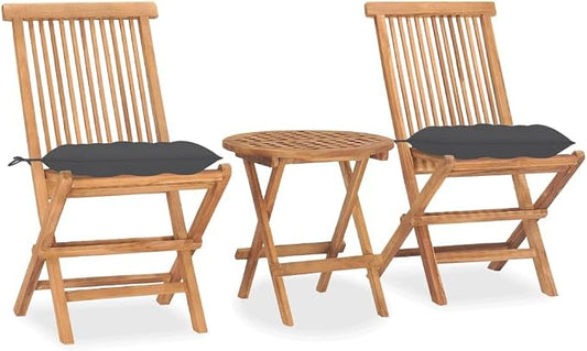 3 Piece Folding Patio Dining Set with Cushions, Solid Teak Wood Bistro Table and Chairs, Space Saving Outdoor Furniture for Garden Terrace and Balcony, No Assembly Required