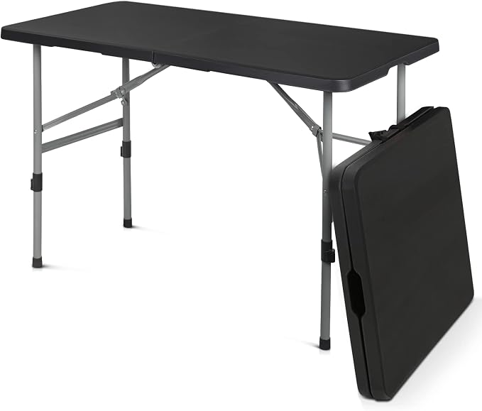 MoNiBloom 4Ft Folding Card Table, Outdoor Foldable Small Portable Plastic Dining Picnic Cookout Table w/Handle, Black