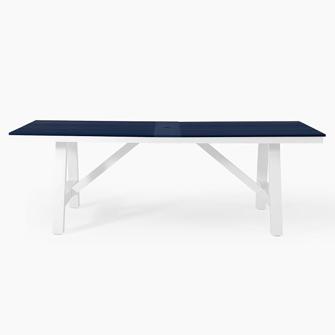Costaelm Rectangle Patio Table, 8-Person Backyard Table 90" HDPE Dining Table with Umbrella Hole and Metal Frame for Outside, Garden, Poolside, Deck, Porch, Balcony, Navy Blue