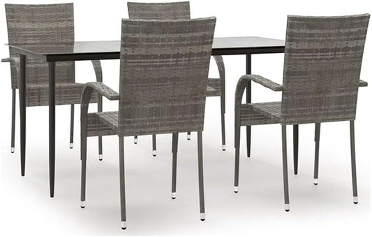 Afuera Living 5-Piece PE Rattan Patio Dining Set, Powder-Coated Steel, Gray Finish, Includes Rectangular Table and 4 Stackable Chairs, Weather-Resistant Outdoor Furniture for Garden, Balcony, or Patio