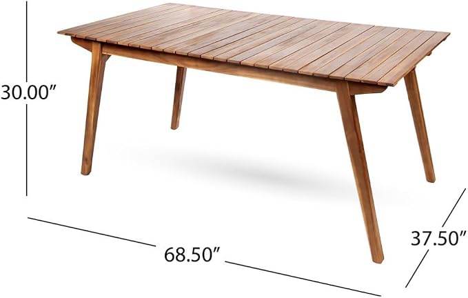 Merax Outdoor Dining Table Set for 6, Acacia Wood 68.5" Rectangle Table with Slat Tabletop + 6 Armchairs with Curved Back & Armrest & Water-Resistant Cushions, Patio Dining Set, Teak Finish