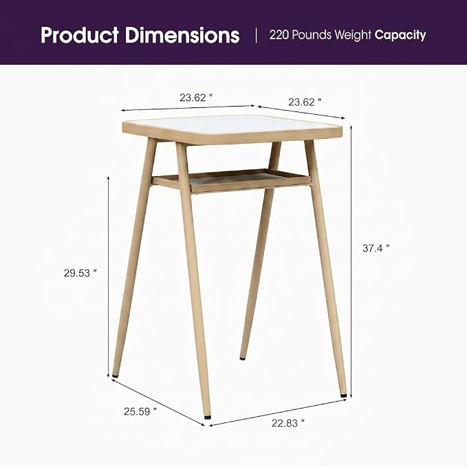 PURPLE LEAF Counter Height Bar Aluminum Table with Shelve for Indoor and Outdoor Garden Natural Wood Grain