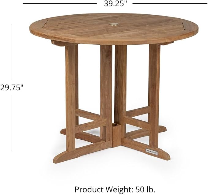 TITAN GREAT OUTDOORS Ash & Ember Luna Grade A Teak 39" Round Dining Table, Drop Leaf Design, Indoor Outdoor Patio or Porch Dining, Weather Resistant Solid Wood with Umbrella Hole