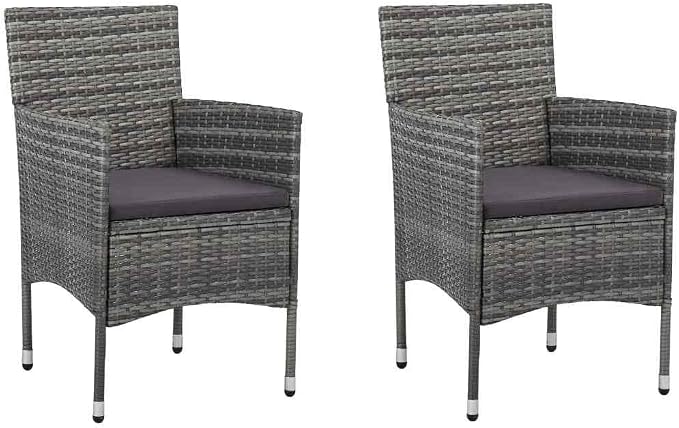 3 Piece Patio Dining Set, Grey PE Rattan Outdoor Bistro Set with Square Glass Top Table and 2 Cushioned Chairs for Garden, Balcony, Backyard and Terrace, Space Saving