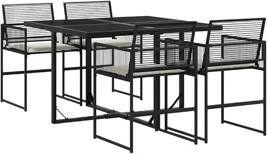 5 Piece Garden Dining Set, Black PE Rattan Outdoor Patio Table and Foldable Chairs, 4 Person Rectangular Dinette Set with Tempered Glass Top for Backyard Deck Balcony