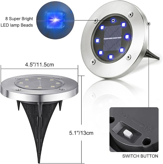 LYHOPE Solar Ground Lights Outdoor, 8 Pack 8 LED Solar Disk Lights Waterproof Garden In-ground Pathway Light Landscape Lighting for Lawn,Yard,Deck,Patio,Walkway (Blue)