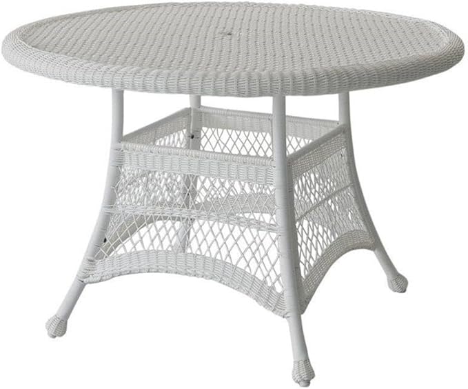 Pemberly Row Traditional Wicker/Rattan Round Patio Dining Table, 44.5 Inch, All-Weather Resin Wicker and Steel Frame, White Finish, Durable Outdoor Deck or Poolside Table, Light Assembly Required