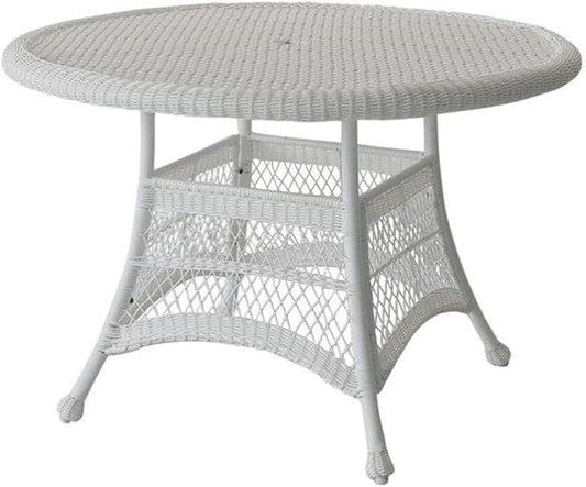 Pemberly Row Traditional Wicker/Rattan Round Patio Dining Table, 44.5 Inch, All-Weather Resin Wicker and Steel Frame, White Finish, Durable Outdoor Deck or Poolside Table, Light Assembly Required