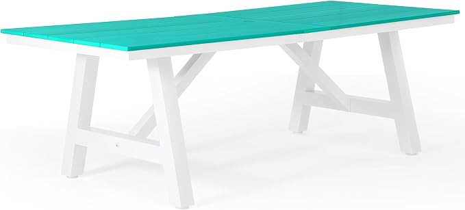 WestinTrends Cape May 90" HDPE Rectangle Outdoor Patio Dining Table with Umbrella Hole and Metal Frame, Turquoise